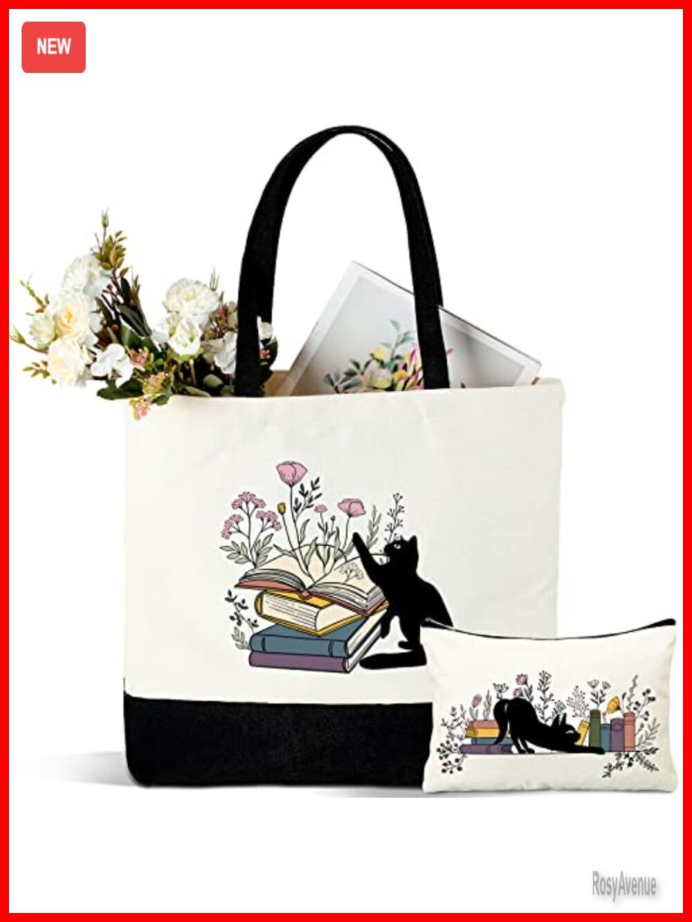 Canvas Tote Bag Set Book Lover Gift Makeup Pouch Women